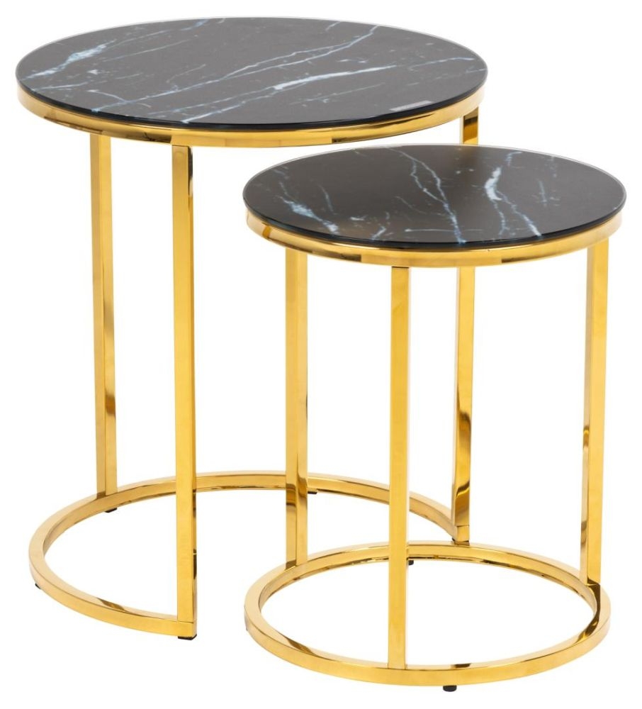 Alisma Black Marquina Marble Effect Top And Gold Nest Of 2 Tables