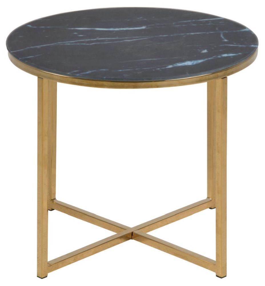 Alisma Black Marquina Marble Effect Top And Gold Round Side Table