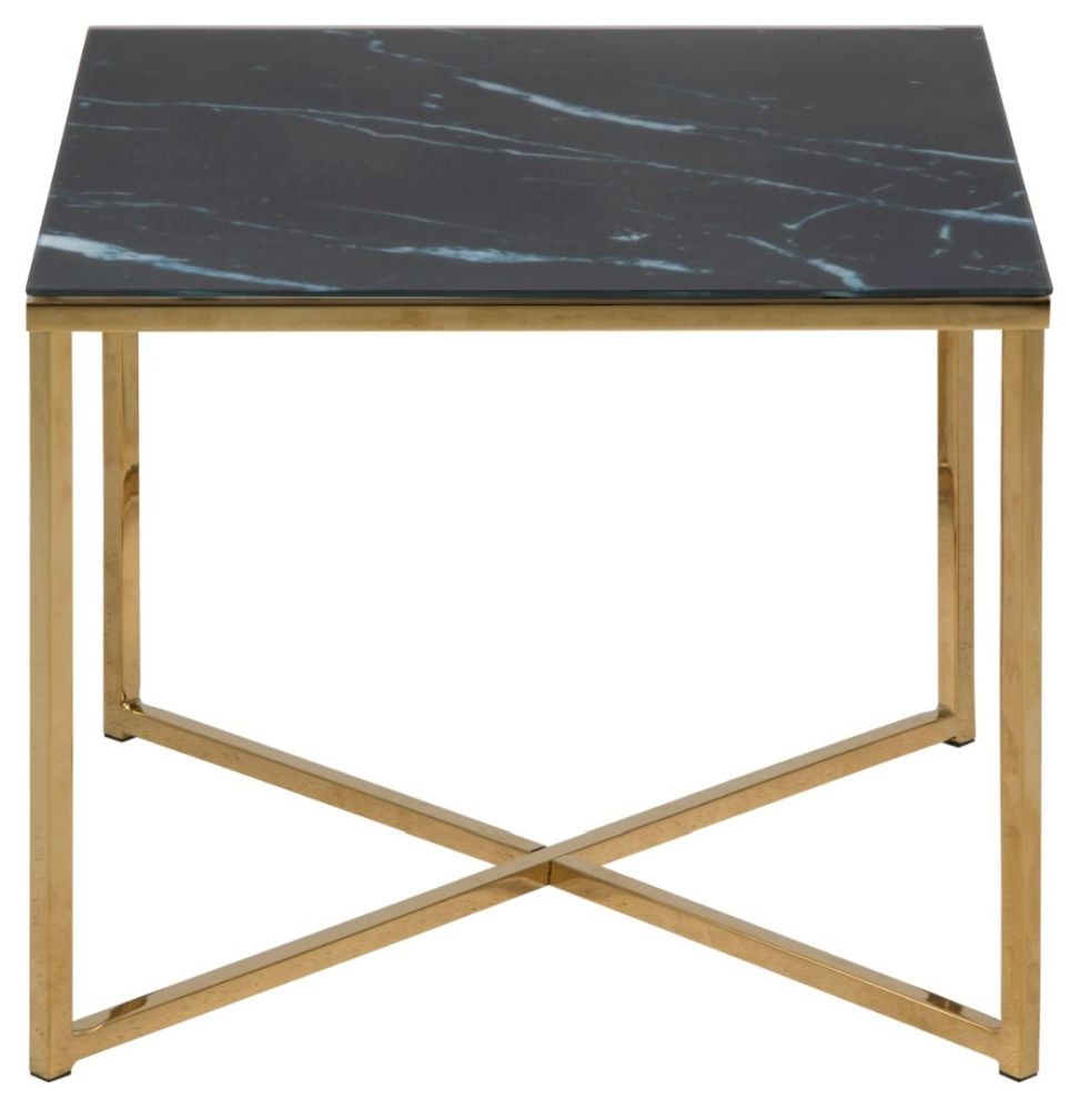 Alisma Black Marquina Marble Effect Top And Gold Square Side Table