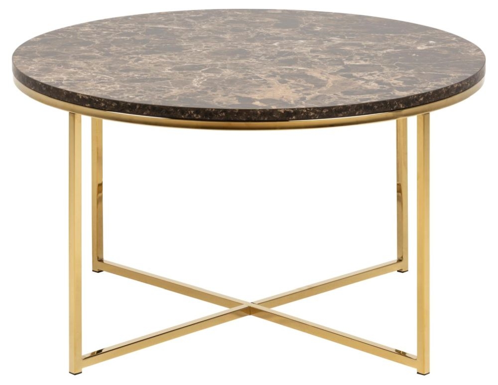 Alisma Brown Marble Effect Top And Gold Round Coffee Table