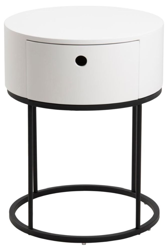 Polo White And Black 1 Drawer Round Bedside Table