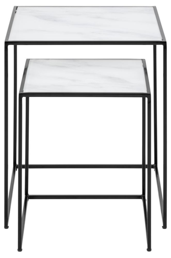 Bolton White Crystal Clear Marble Effect Top And Matt Black Nest Of 2 Tables