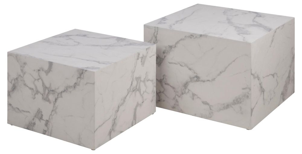 Dice White Carrara Marble Effect Coffee Table Set Of 2