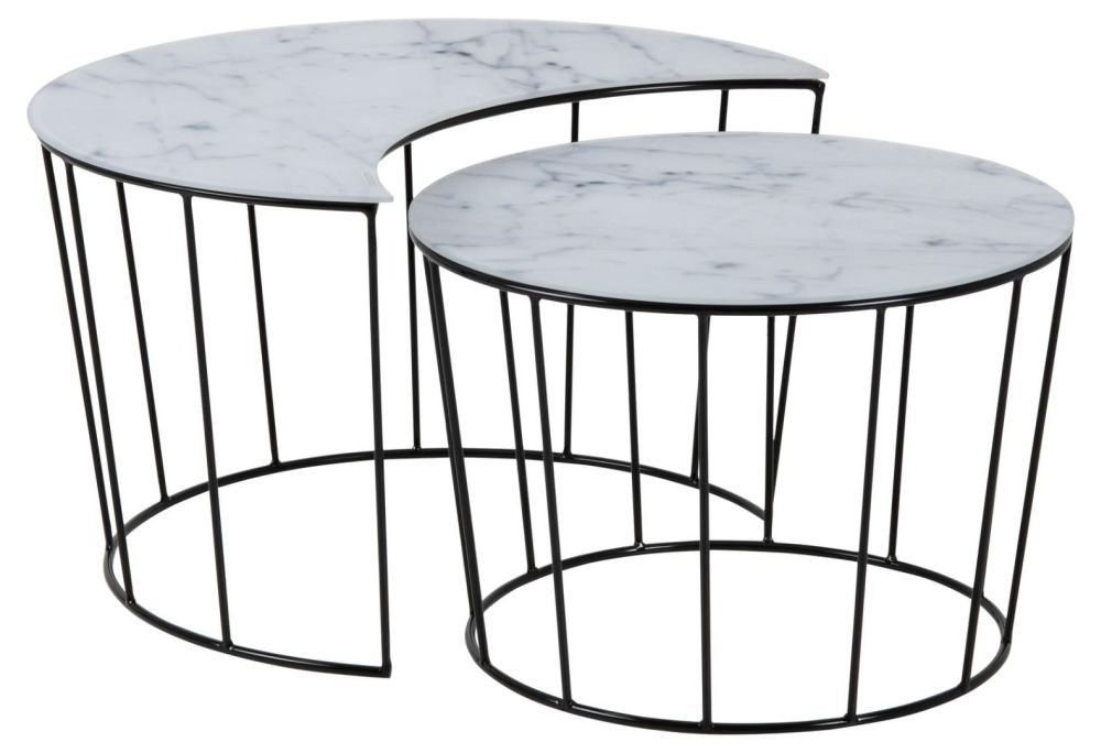 Sunmoon White Crystal Marble Top Round Coffee Table Set Of 2