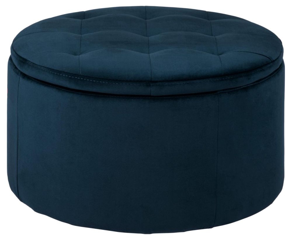 Retina Vic Navy Blue Fabric Round Ottoman With Storage