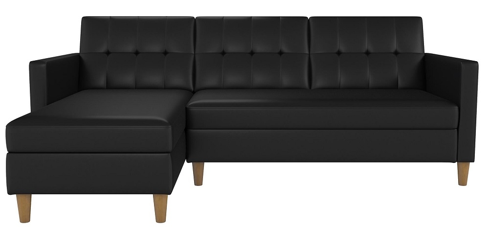 Hartford Sectional Futon Storage Black Faux Leather Sofa Bed