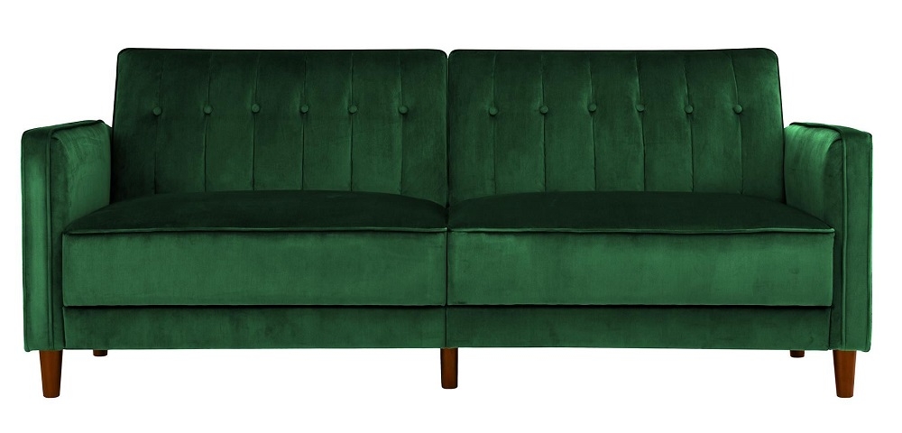 Pin Tufted Transitional Futon Green Velvet Fabric 2 Seater Sofa Bed