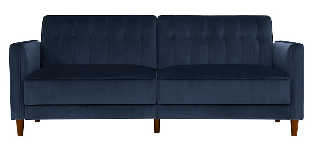 Pin Tufted Transitional Futon Blue Velvet Fabric 2 Seater Sofa Bed