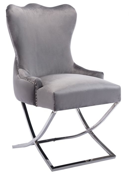 Michelle Cross Leg Back Tufted Buttoned Dark Grey Velvet Fabric Dining Chair Sold In Pairs