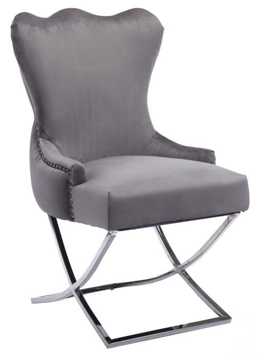 Michelle Cross Leg Back Tufted Buttoned Silver Grey Velvet Fabric Dining Chair Sold In Pairs