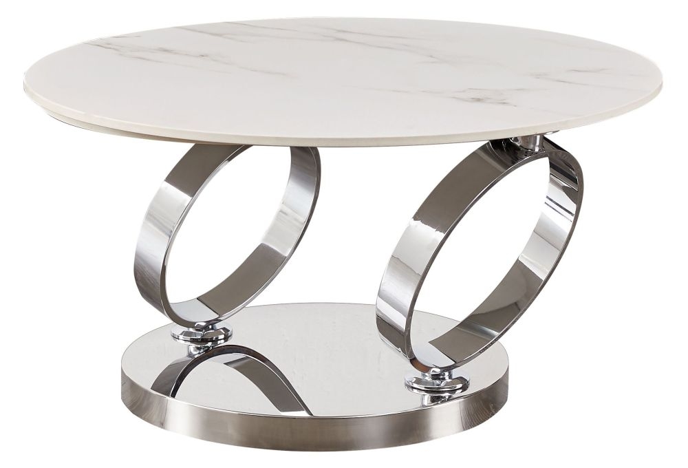 Sofia Rings White Ceramic Top And Chrome Swivel Extending Coffee Table