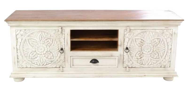Ancient Mariner Carved Distressed Off White Mango Wood Tv Unit