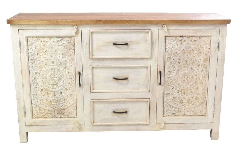 Ancient Mariner Carved Distressed Off White Mango Wood 2 Door Sideboard