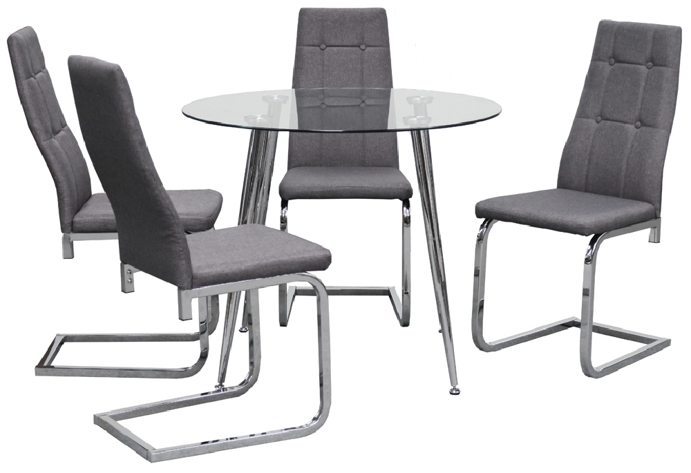 Nova 90cm Round Glass Dining Table With 4 Chairs Grey And Chrome