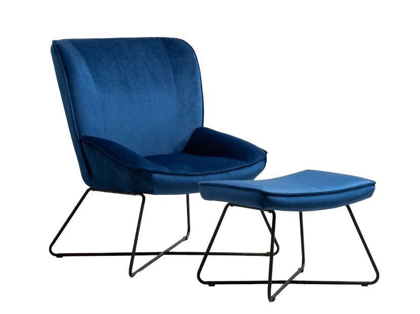Teagan Blue Velvet Fabric Chair And Footstool