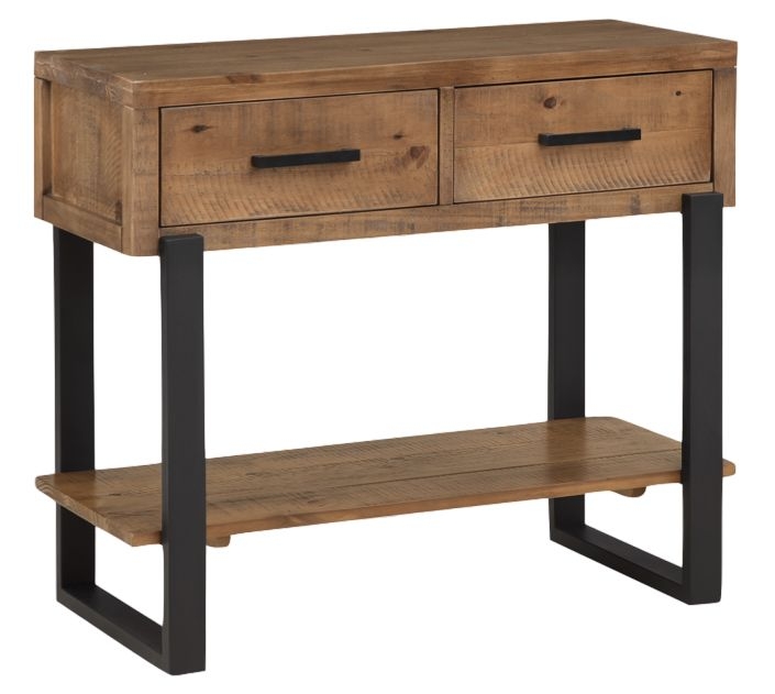 Pembroke Rustic Pine Large Console Table 2 Drawers With Black Metal Legs