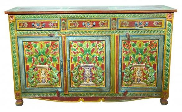 Hand Painted Folk Pattern Sideboard 140cm With 3 Door 3 Drawer