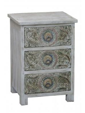 Meera Hand Painted Carved 3 Drawer Bedside Cabinet