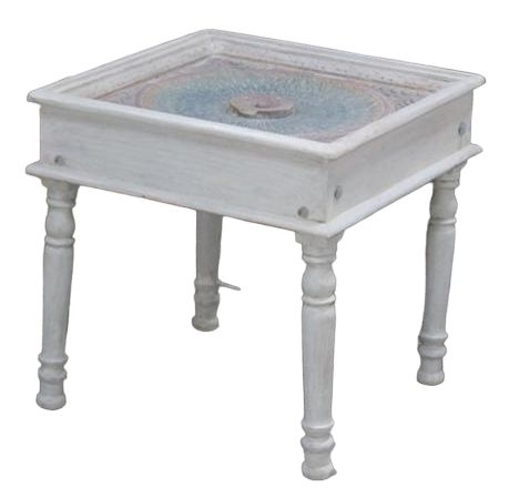 Meera Hand Painted Carved Glass Top Side Table