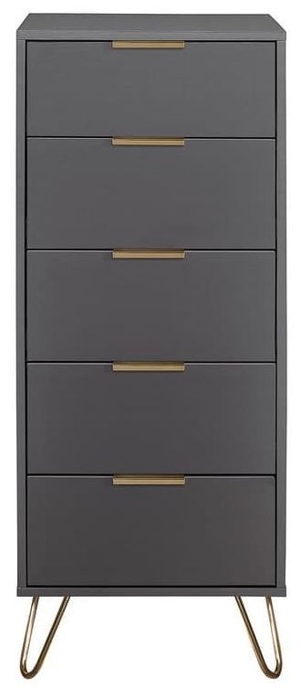 Birlea Arlo Matt Grey 5 Drawer Tallboy Chest With Gold Hairpin Legs