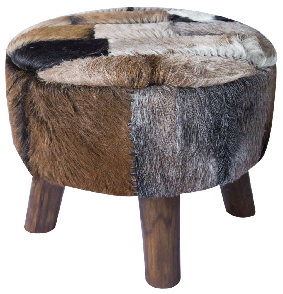 Goat Solid Teak Root Large Round Patchwork Pouffe