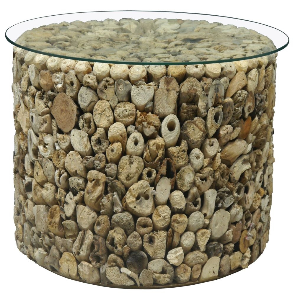 Trunk Driftwood And Glass Top Drum Lamp Table