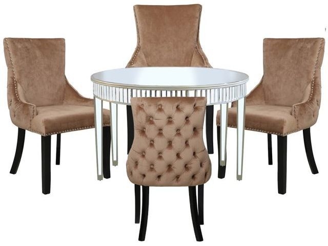 Apollo Champagne Gold Mirrored Round Dining Table And 4 Tufted Back Champagne Chair