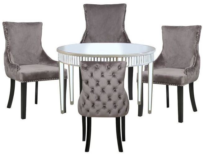 Apollo Champagne Gold Mirrored Round Dining Table And 4 Tufted Back Grey Chair