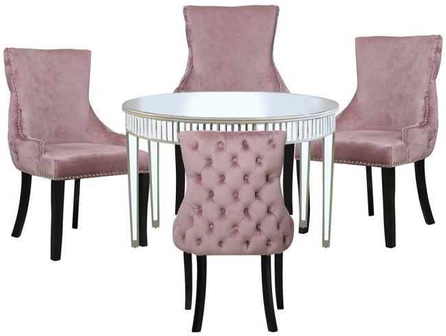 Apollo Champagne Gold Mirrored Round Dining Table And 4 Tufted Back Pink Chair