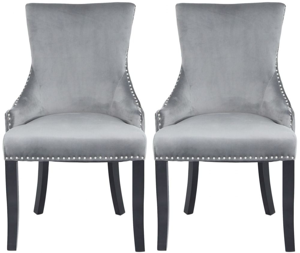 Geismar Grey Velvet Diamond Ring Knockerback Dining Chair Pair Clearance Fs123