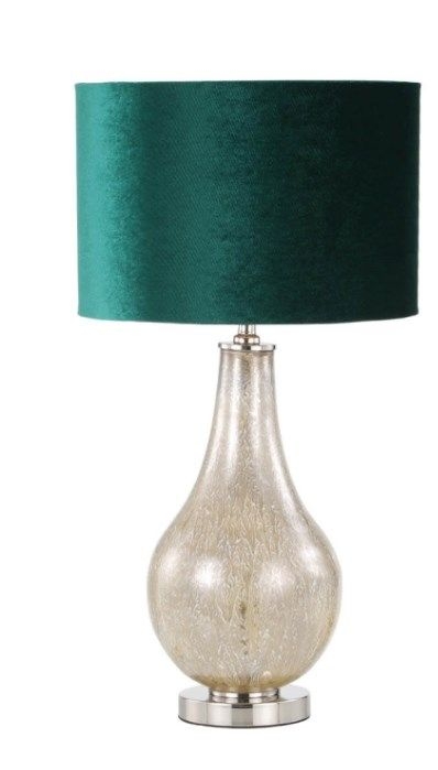 White Mercury Glass Table Lamp With Dark Green Velvet Shade