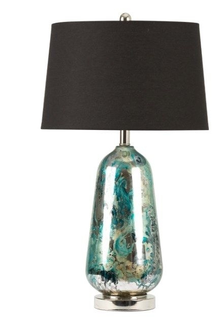 Blue And Silver Glass Table Lamp With Black Linen Shade