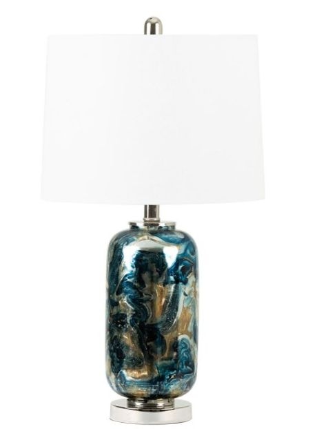 Blue And Silver Glass Table Lamp With White Linen Shade Set Of 2