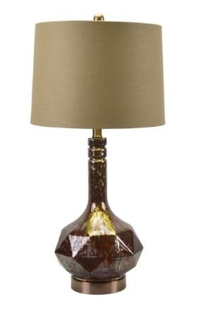 Brown Antique Glass Table Lamp With Beige Linen Shade