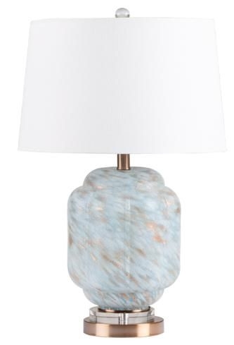 Light Blue Glass Table Lamp With White Linen Shade