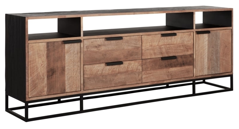 Cosmo Natural And Black Teak Wood 2 Door 4 Drawer Tv Unit