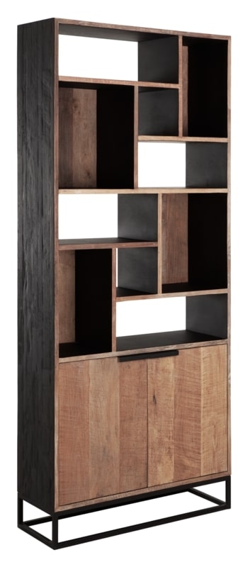 Cosmo Natural And Black Teak Wood 2 Door Large Bookcase