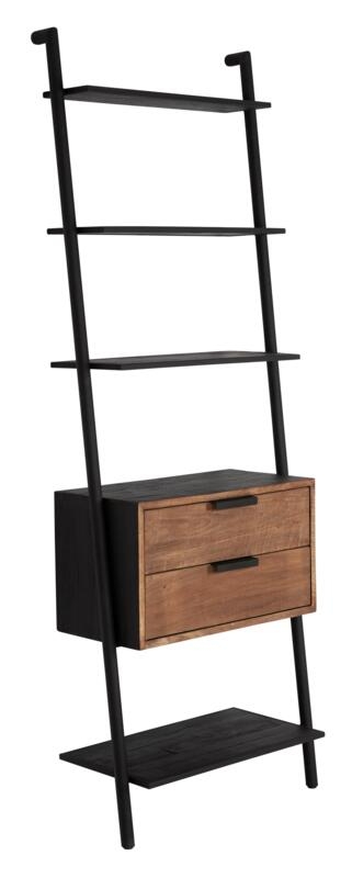 Cosmo Natural And Black Teak Wood 2 Drawer Open Shelving Unit