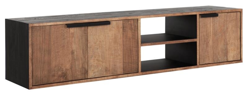 Cosmo Natural And Black Teak Wood 3 Door Medium Hanging Tv Unit