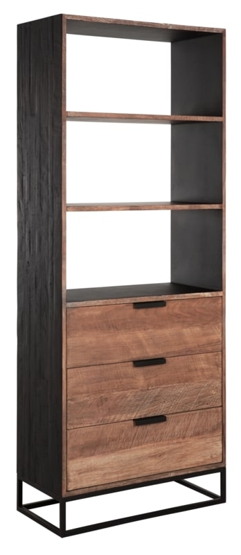 Cosmo Natural And Black Teak Wood 3 Drawer Bookcase