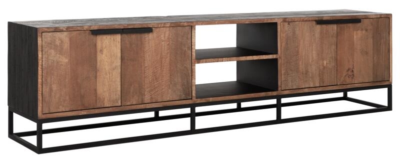 Cosmo Natural And Black Teak Wood 4 Door Large Tv Unit