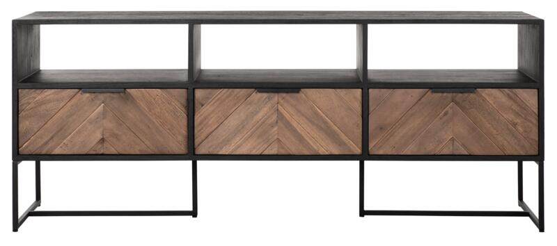 Criss Cross Natural And Black Teak Wood 3 Drawer Tv Unit