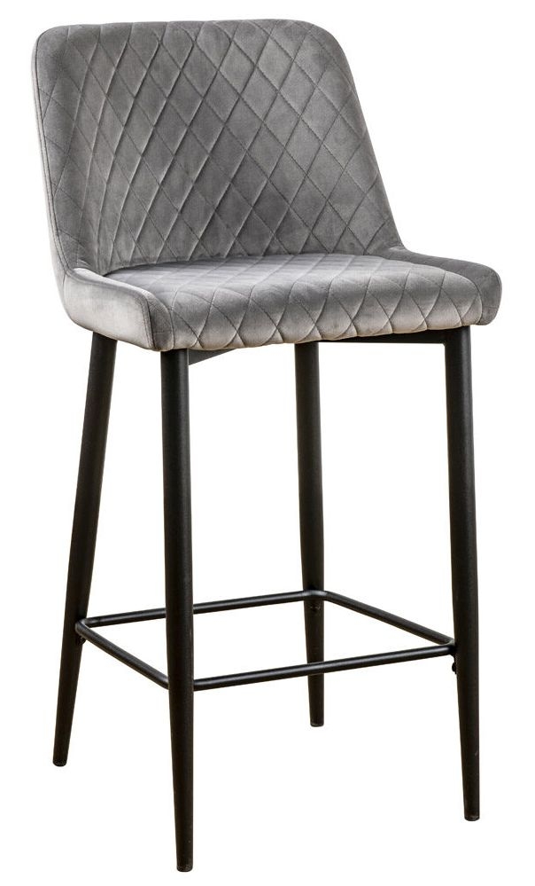 Grey Velvet Fabric And Black Soft Touch Diamond Back Barstool Sold In Pairs