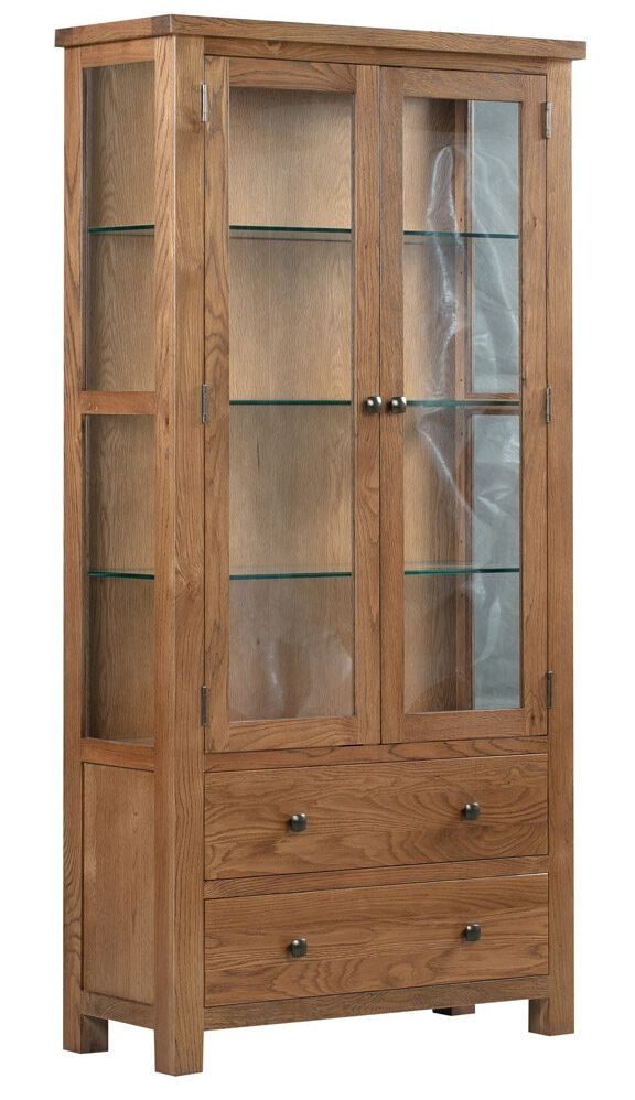 Dorset Rustic Oak 2 Door 2 Drawer Glazed Display Cabinet