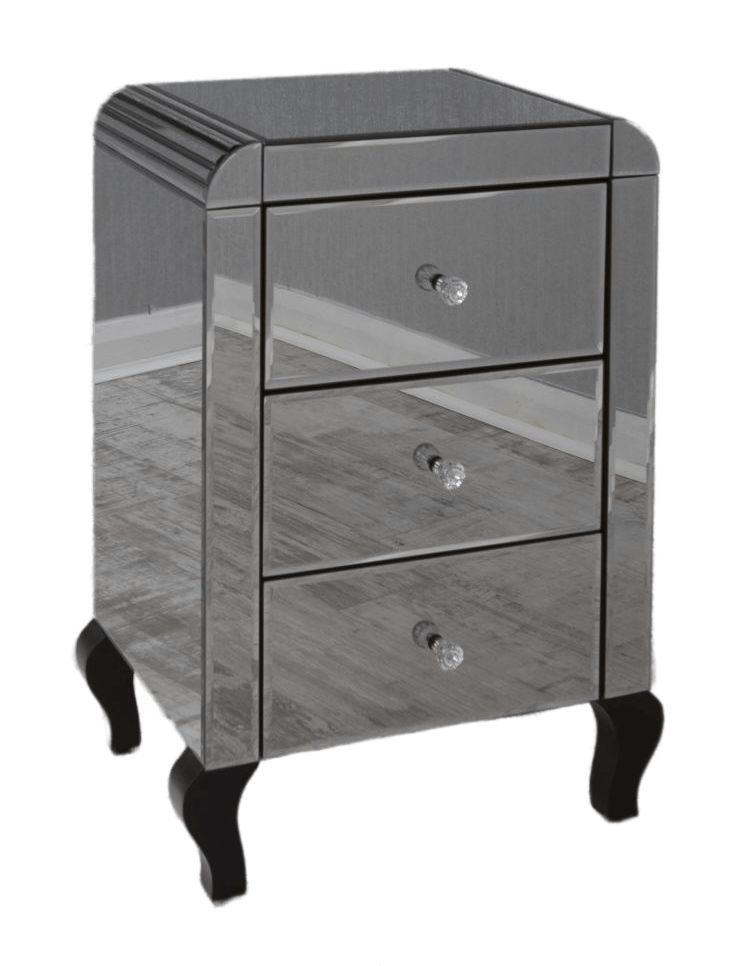 Acme Black Smoked Mirrored Bedside Cabinet With Curved Edges