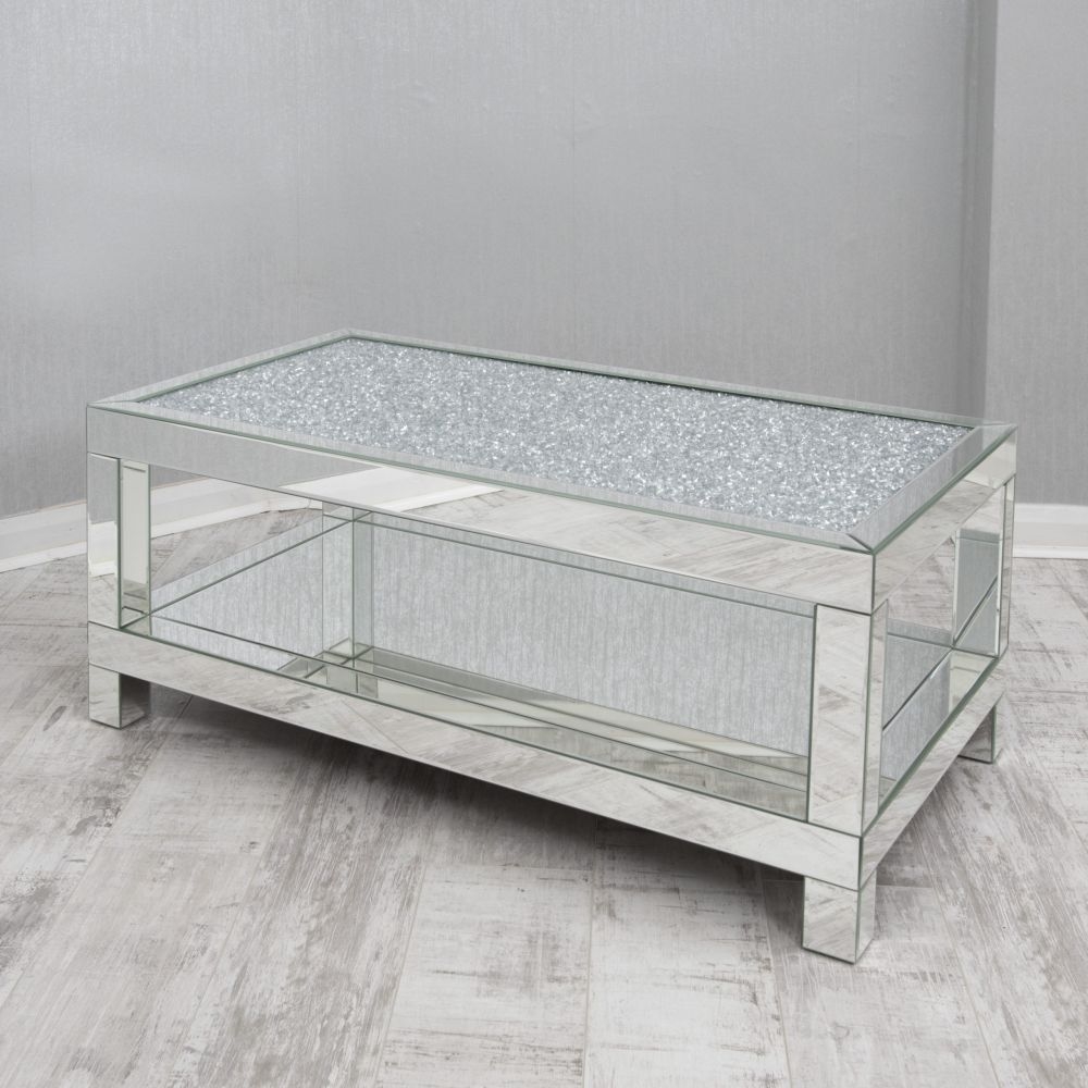 Arcadia Crushed Diamond Mirrored Coffee Table With Shelf