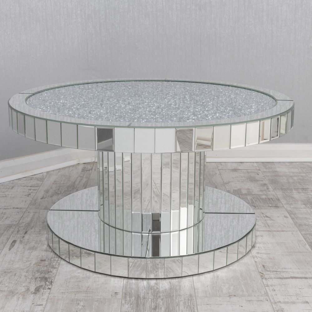 Arcadia Crushed Diamond Mirrored Round Pedestal Coffee Table