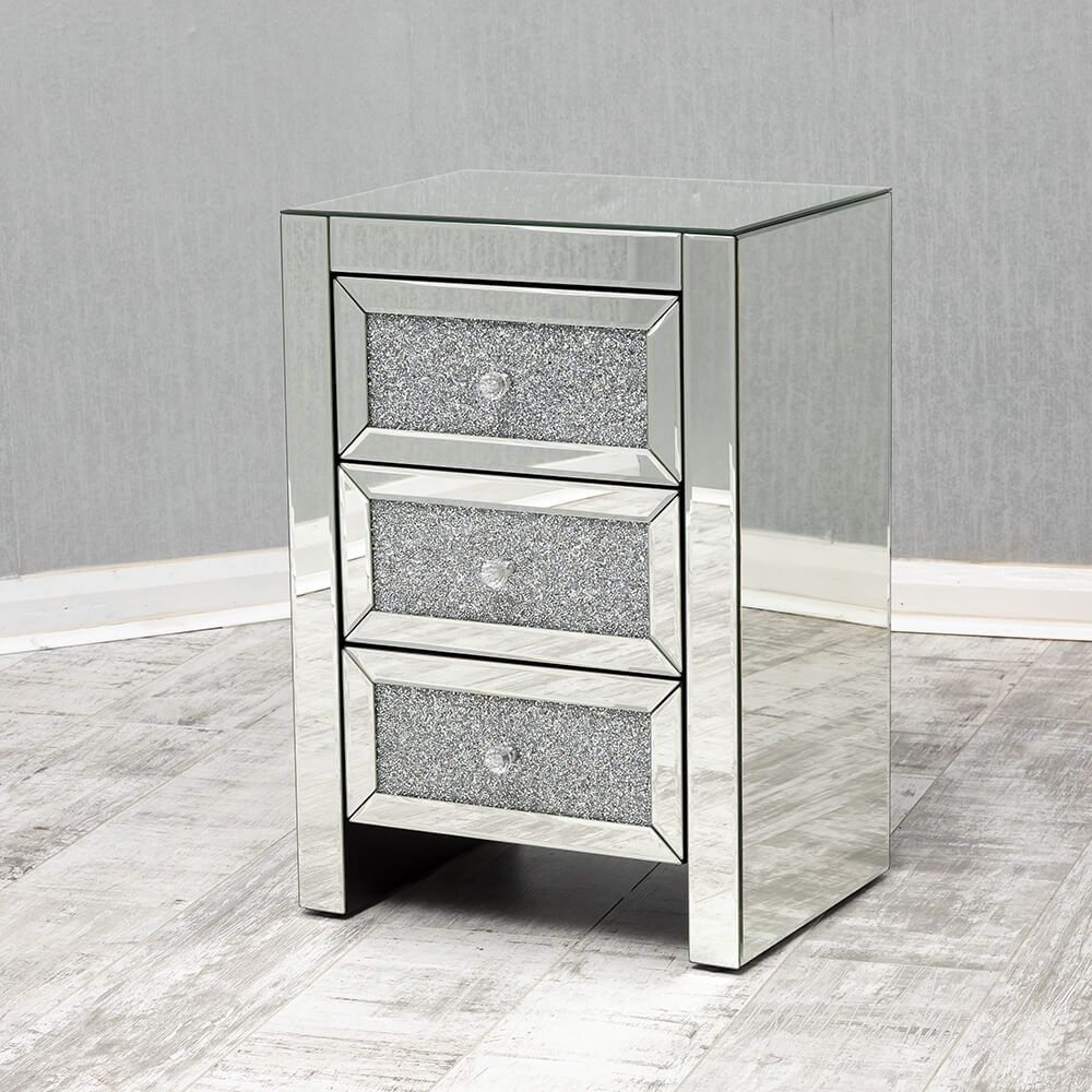 Arcadia Crushed Diamond Mirrored 3 Drawer Bedside Cabinet