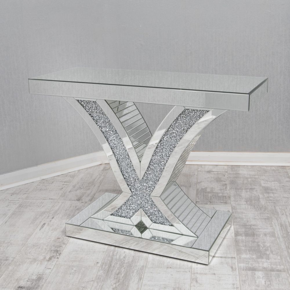 Arcadia Crushed Diamond Mirrored Console Table With X Base