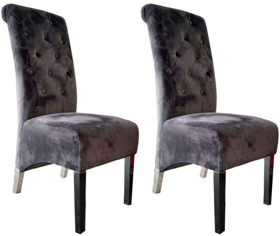 Liberty Dark Grey Fabric Lion Knockerback Dining Chair With Chrome Legs Pair Clearance Fs128